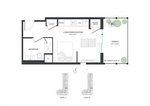 Floor plan for studio, 1 bath, 384 sqft